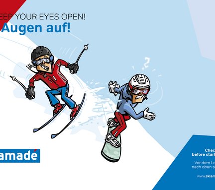 Dieses Bild zeigt eine Pistenregel, die besagt, dass man vor dem Losfahren nach oben schauen soll