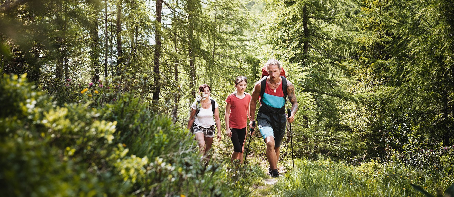 Dieses Bild zeigt drei wanderer, die im Gasteinertal im Wald wandern