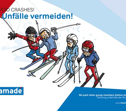 Dieses Bild zeigt eine Pistenregel, die besagt, dass man unterhalbe einer Gruppe abschwingen soll
