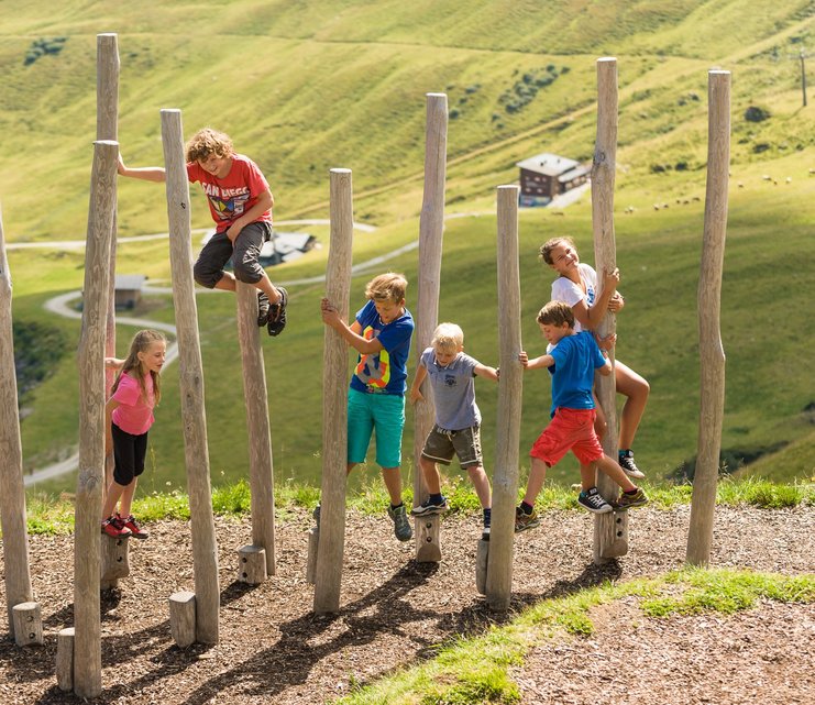 Dieses Bild zeigt eine Gruppe von Kindern, die in einen Pacour aus Baumstämmen klettert