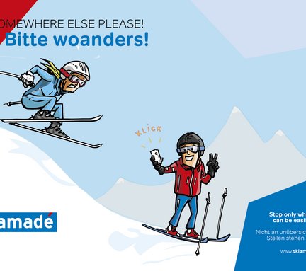 Dieses Bild zeigt eine Pistenregel, die besagt, dass man nicht an unübersichtlichen Stellen stehen bleiben soll