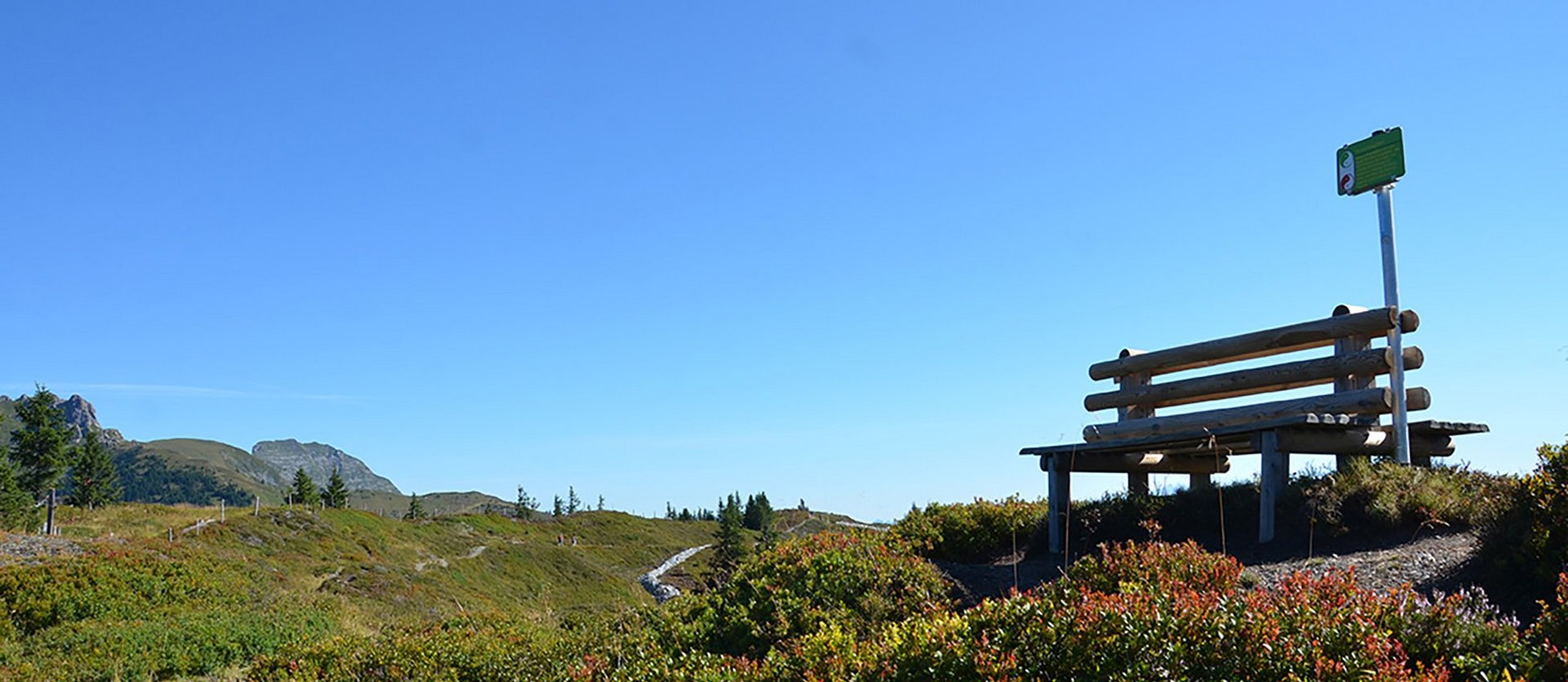 Eine Sitzbank vor der Kulisse des Kraftplätze Wanderweges in Dorfgastein.