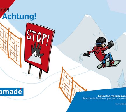 Dieses Bild zeigt eine Pistenregel, die besagt, dass man Markierungen und Hinweisschilder beachten muss