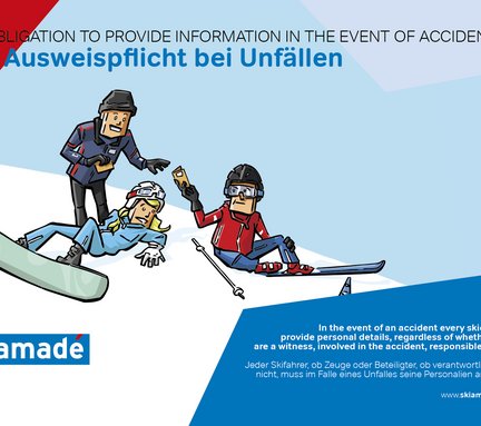 Dieses Bild zeigt eine Pistenregel, die besagt, dass jeder Skifahrer, ob Zeuge oder Begleiter, ob verantwortlich oder nicht im Falle eines Unfalles seine Personalien angeben muss