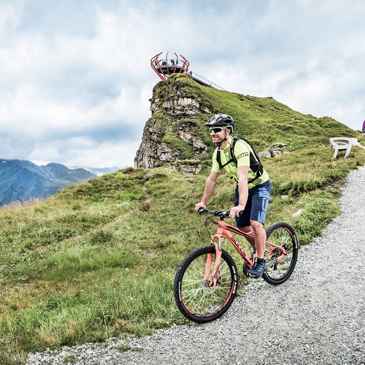 Dieses Bild zeigt zwei Mountainbiker, die den Stubnerkogel hinunterfahren