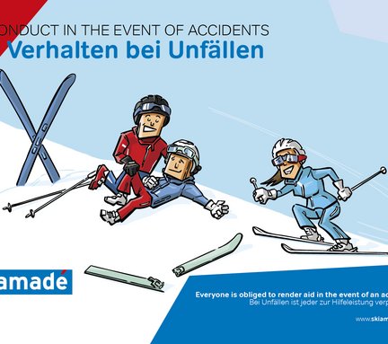 Dieses Bild zeigt eine Pistenregel, die besagt, dass bei Unfälle jeder dazu verpflichtet ist erste Hilfe zu leisten