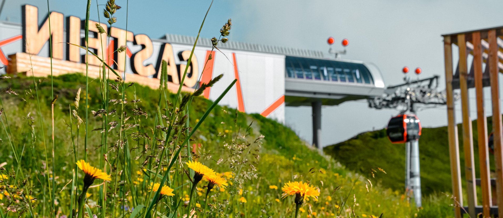 Dieses Bild zeigt die Bergstation Schlossalm, das Gasteinschild und eine Sommerliche Blumenwiese