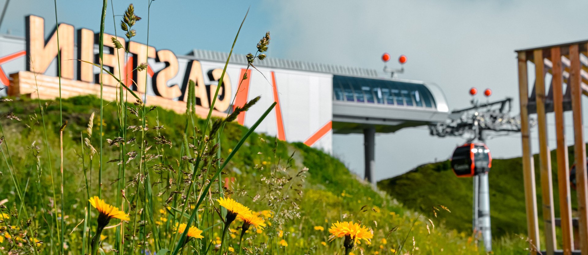 Dieses Bild zeigt die Bergstation Schlossalm, das Gasteinschild und eine Sommerliche Blumenwiese