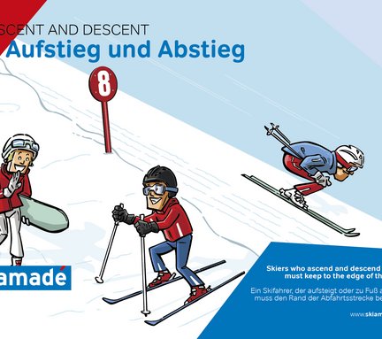 Dieses Bild zeigt eine Pistenregel, die besagt, dass ein Skifahrer, der aufsteigt oder zu Fuß absteigt den Rand der Abfahrtsstrecke benutzen soll